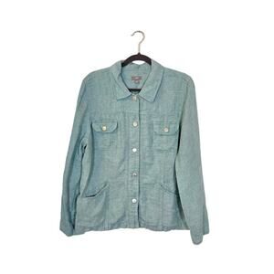 J. Jill Womens 100% Linen Jacket Size Large Green Snap Front Pockets Preppy